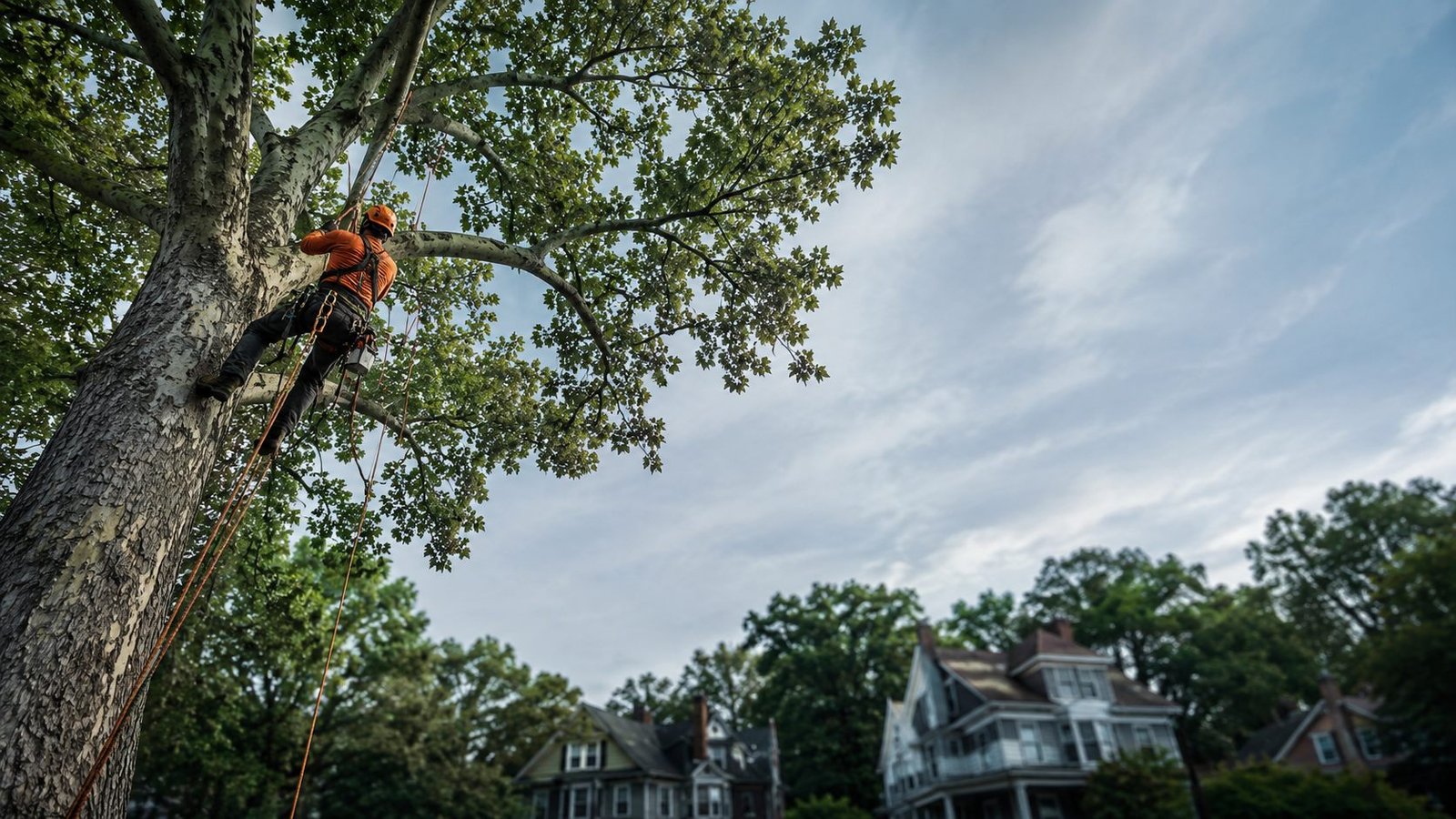 Arborist in safety gear climbing high in a mature tree above a Buffalo residential street