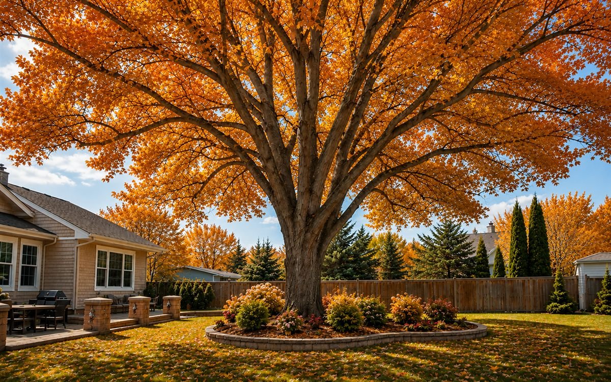 Backyard maple tree in bright orange fall color