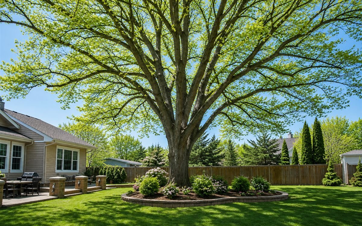 Backyard maple tree with fresh light-green spring leaves