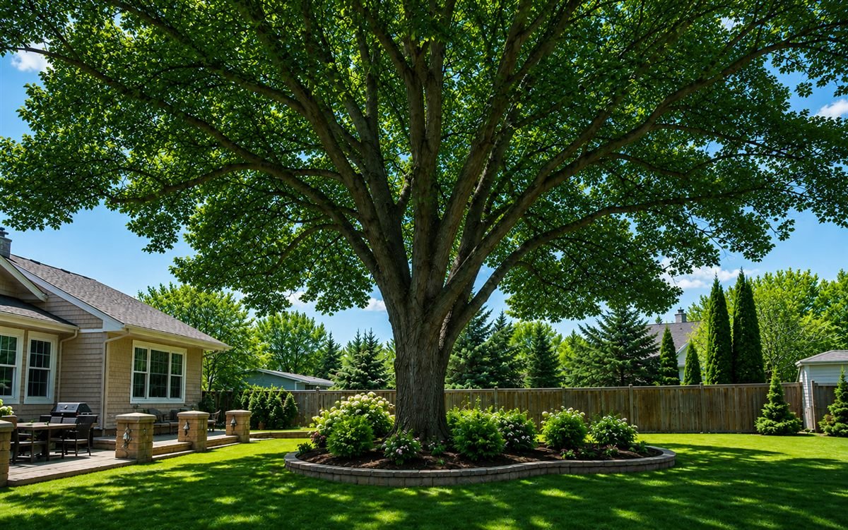Backyard maple tree in full deep-green summer canopy