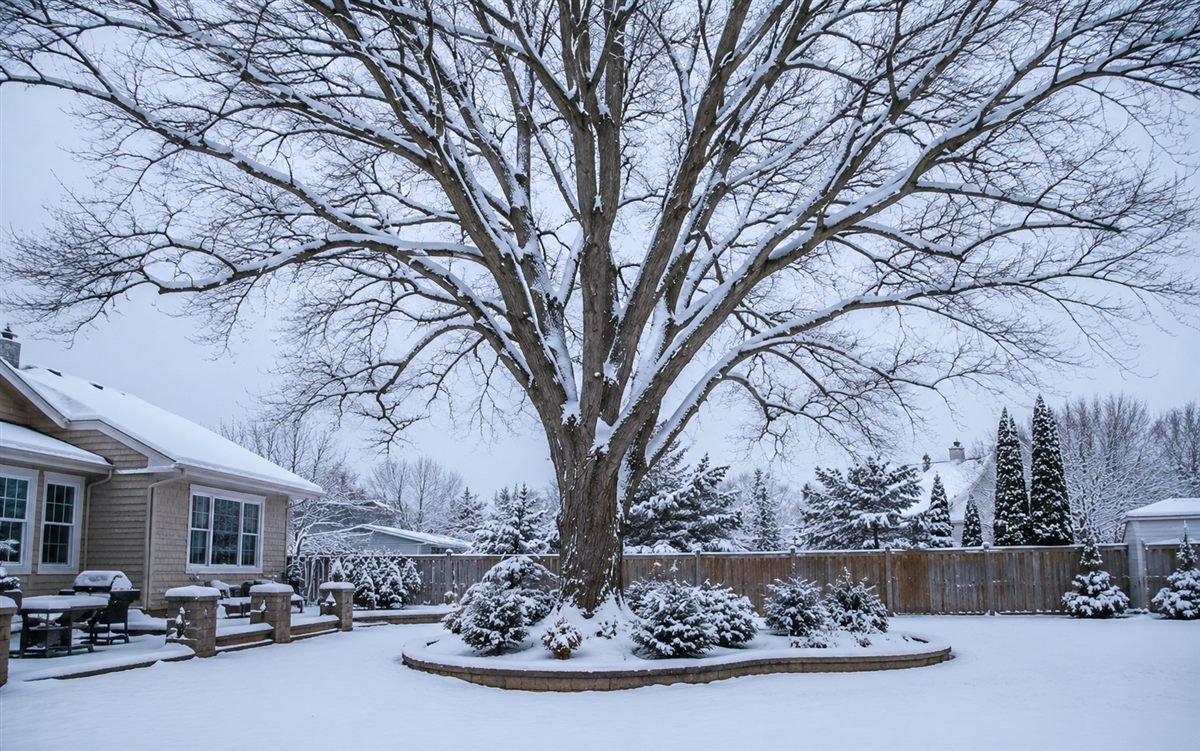 Backyard maple tree with bare snow-covered branches in winter