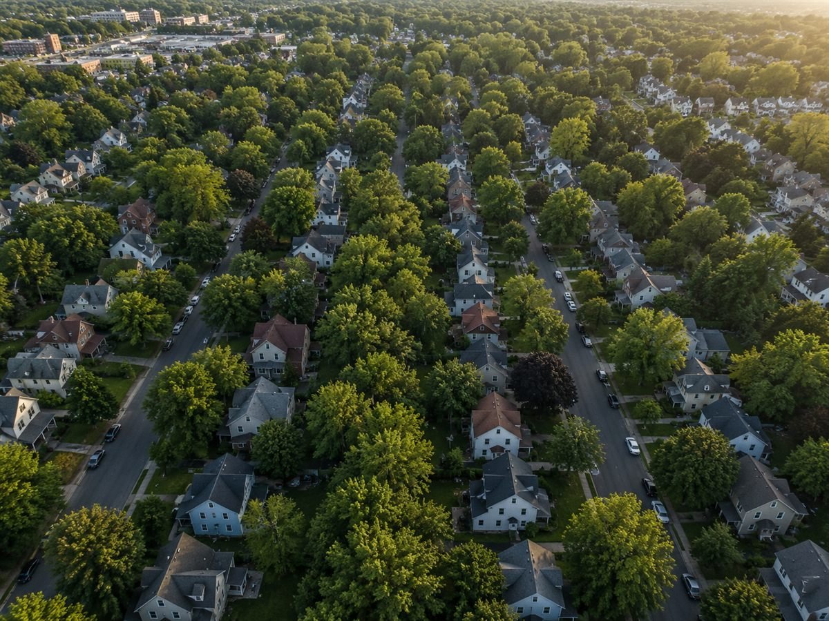Aerial view of a leafy residential neighborhood in Erie County