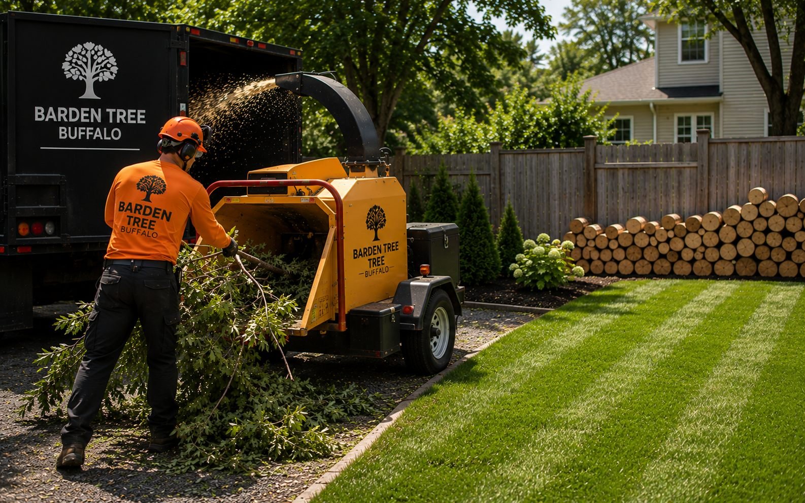 Crew member feeding branches into a wood chipper beside a clean raked lawn