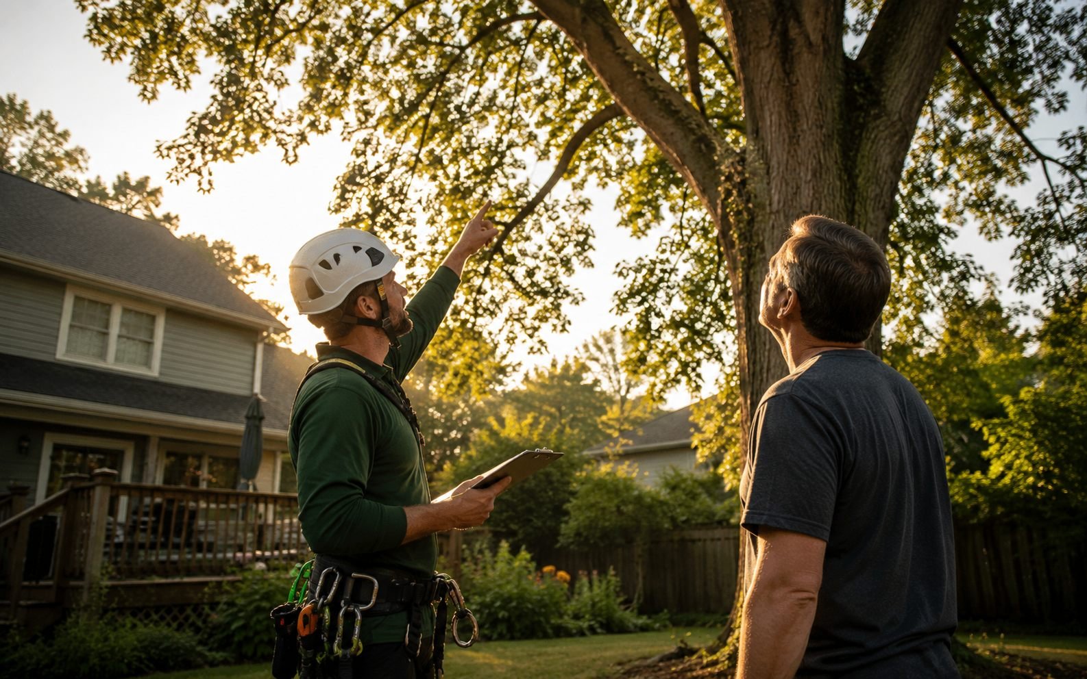 Arborist reviewing a written estimate with a homeowner beside a mature tree