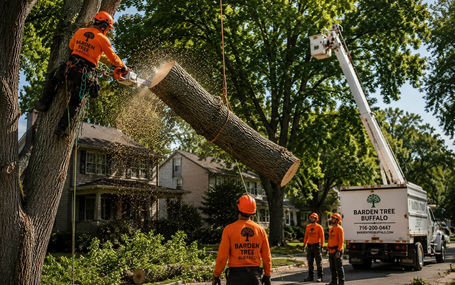 Barden Tree crew rigging down a large trunk section with ropes and a bucket truck